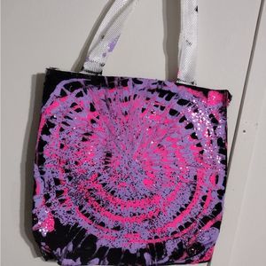 Mini tote bag pink purple swirl glitter paint acrylic handmade hand painted